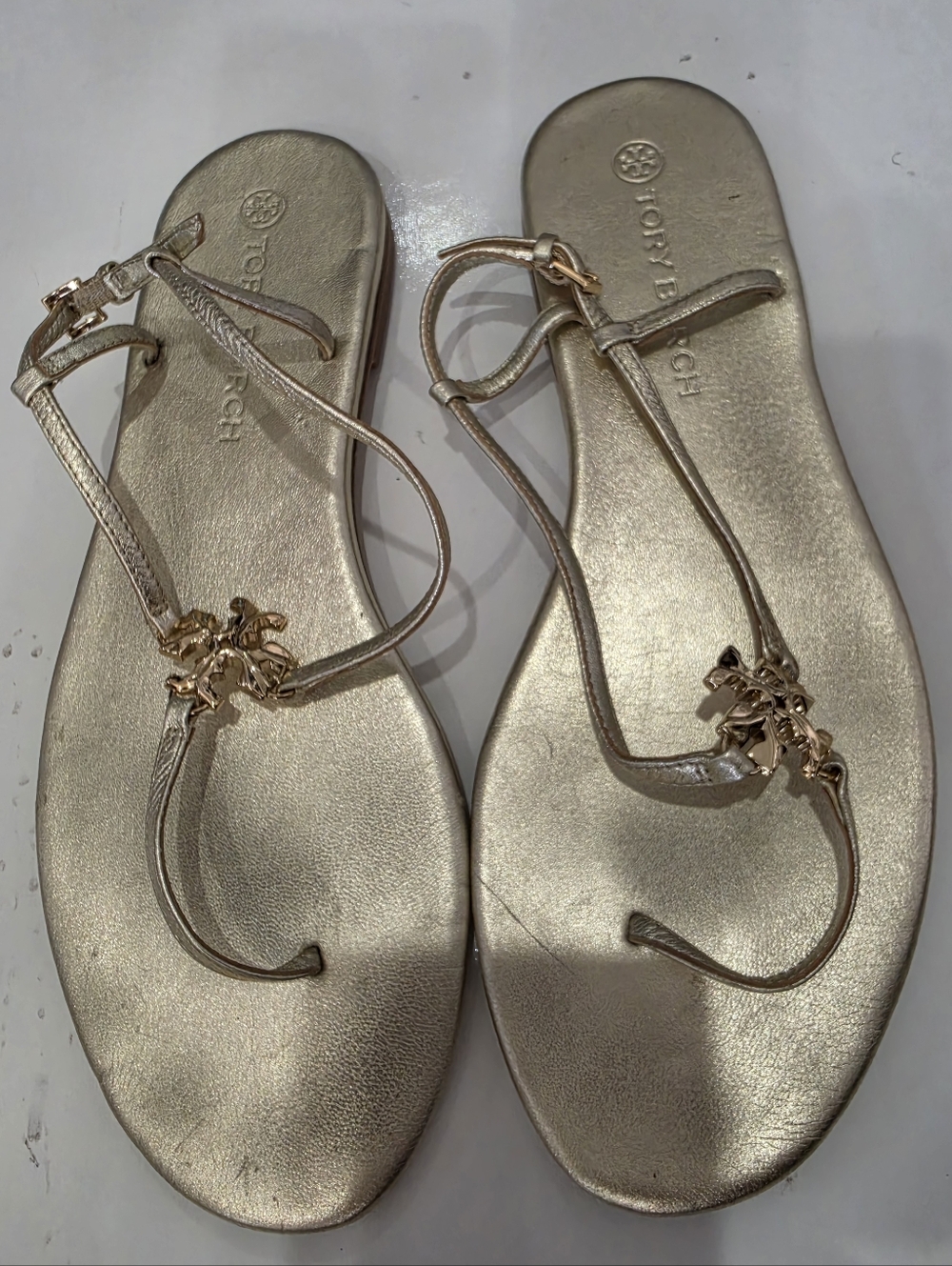 Tory Burch Metallic Gold T-Strap Sandals Size 11